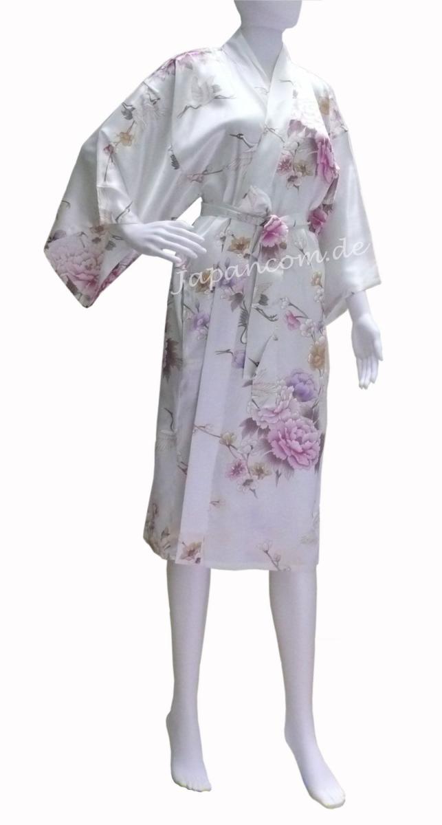 Kimono Royal Cranes weiss, kurz, Seide, Morgenmantel